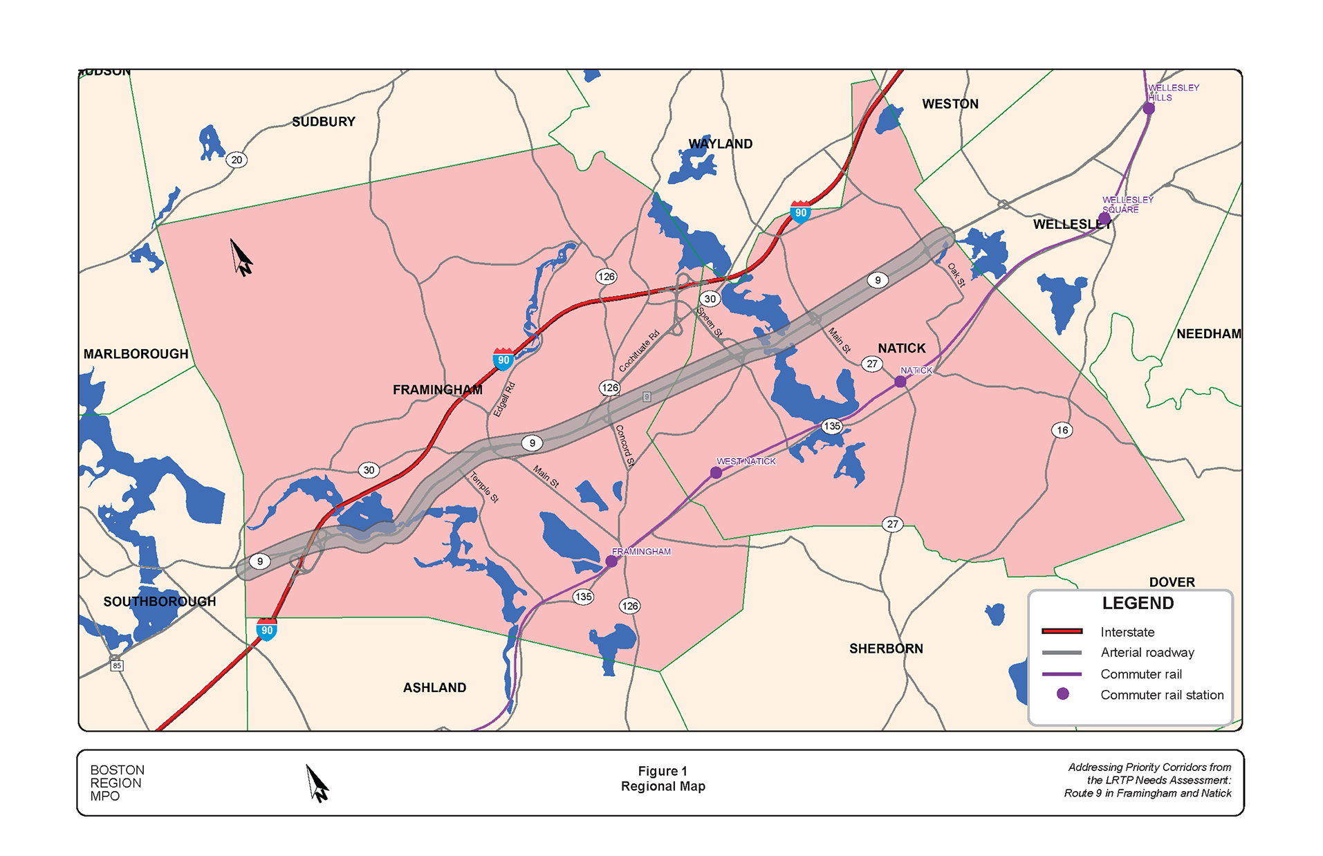 Figure 1 is a map of the study area—Route 9 in Framingham and Natick and surrounding roadways.